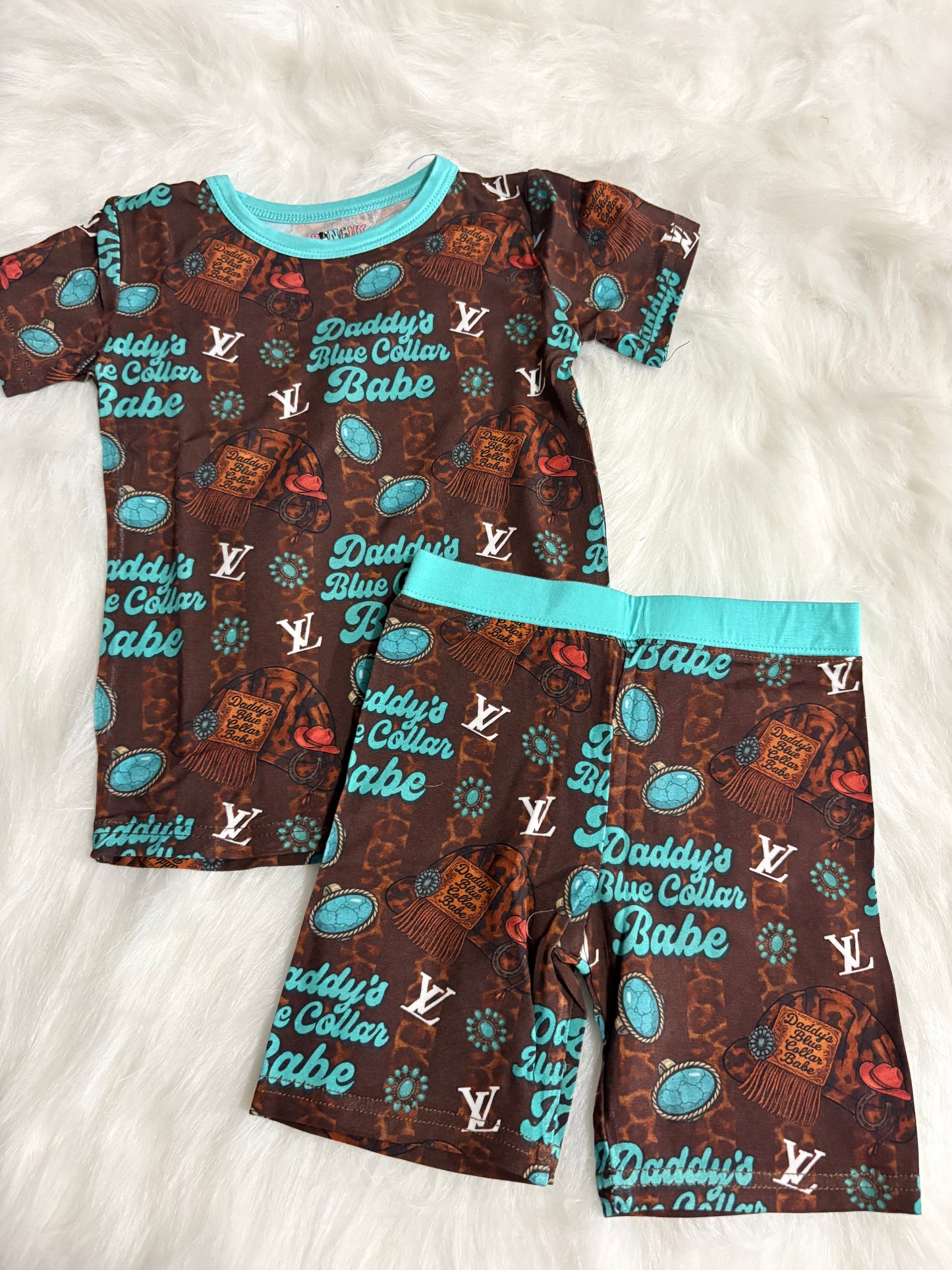 Daddy’s blue collar babe short set