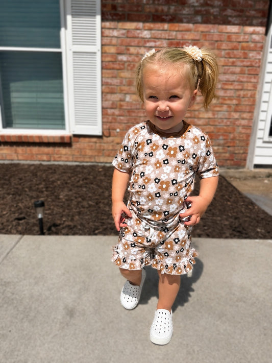 Neutral Flowers Ruffle Short Set