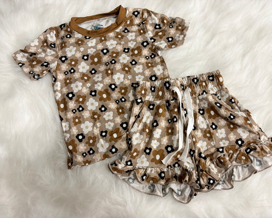 Neutral Flowers Ruffle Short Set